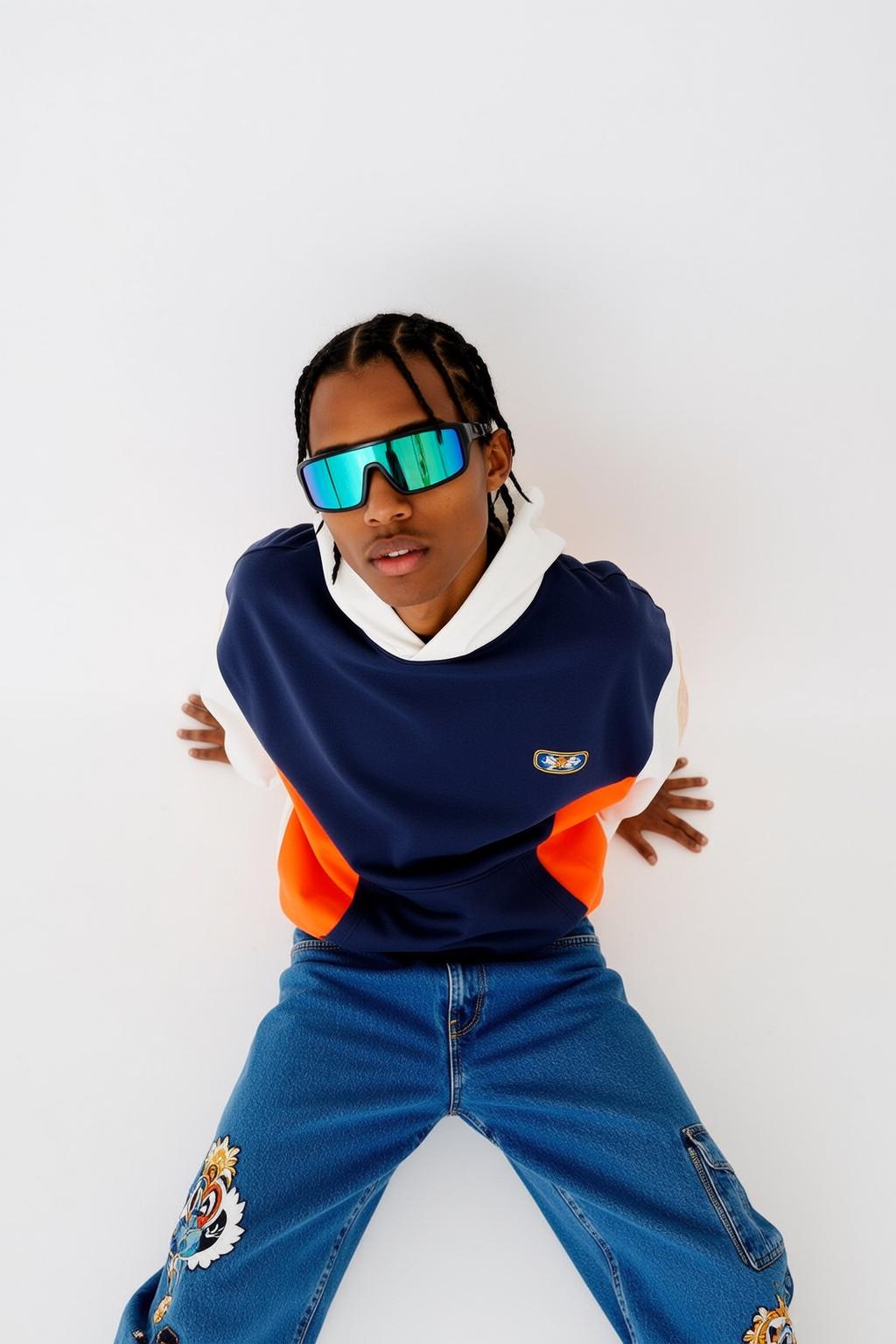 Man In Color Block Hoodie Denim Jeans reference photo