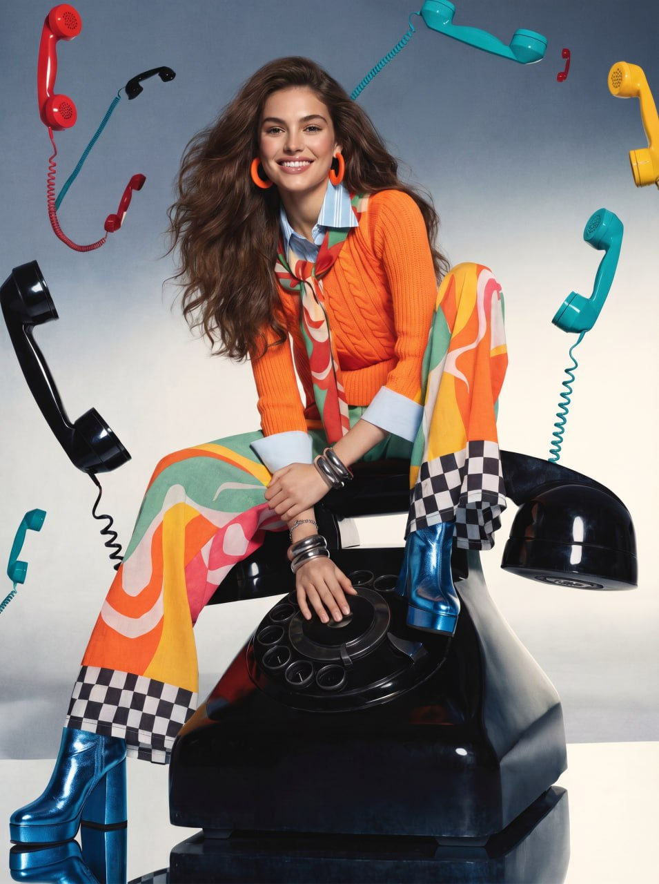 Bold Outfit On Vintage Phone Playful Pose