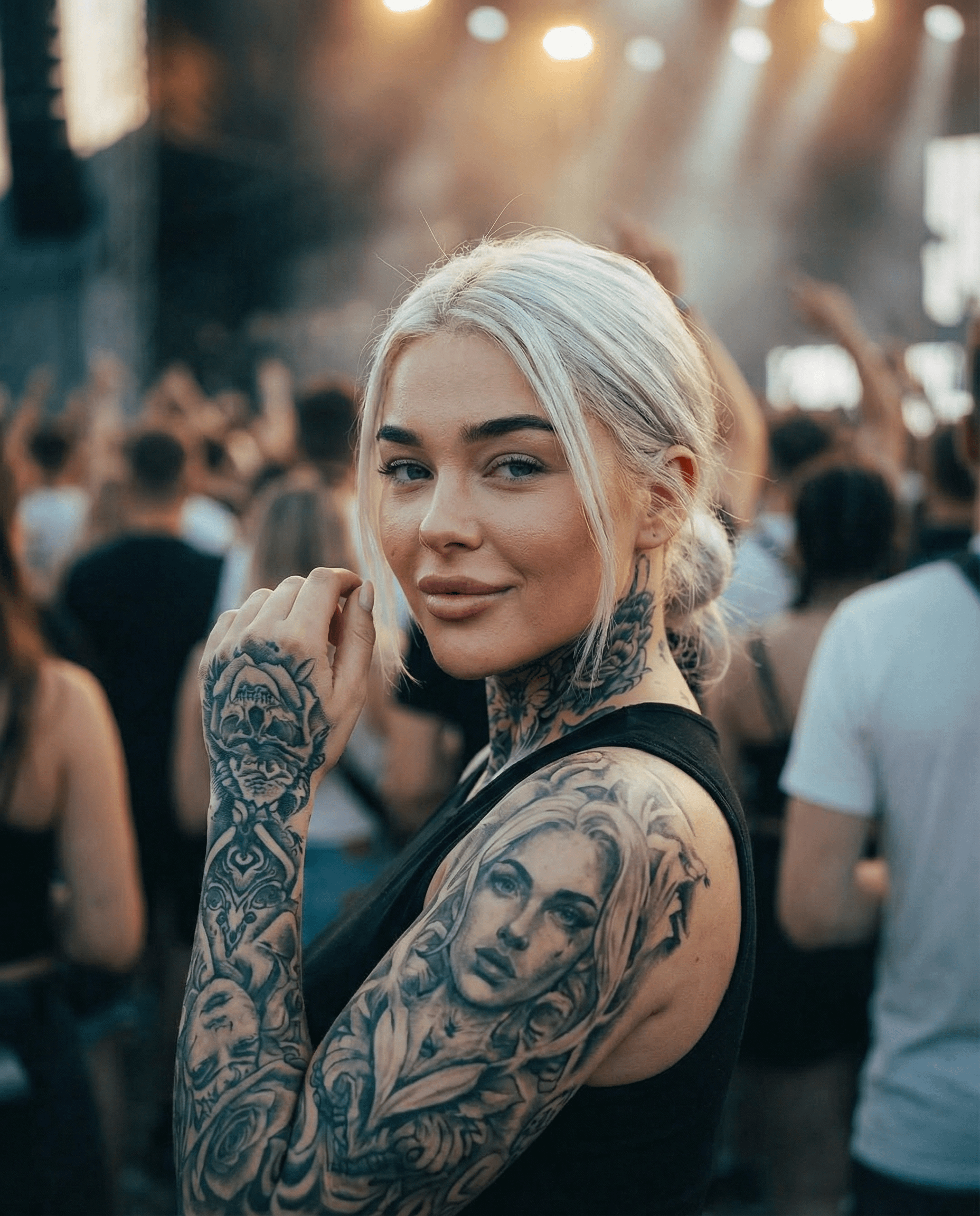 Platinum Hair Tattoos Outdoor Event Stage Lights