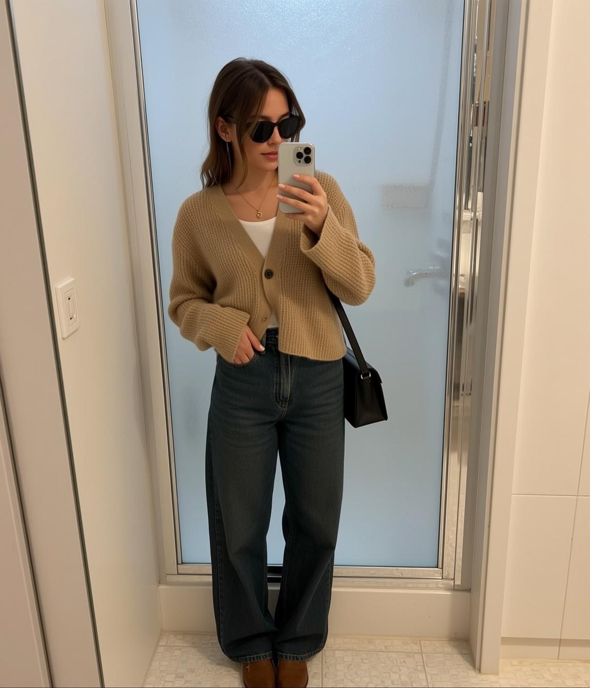 Acubi Stands Facing Mirror Holding Smartphone Her
