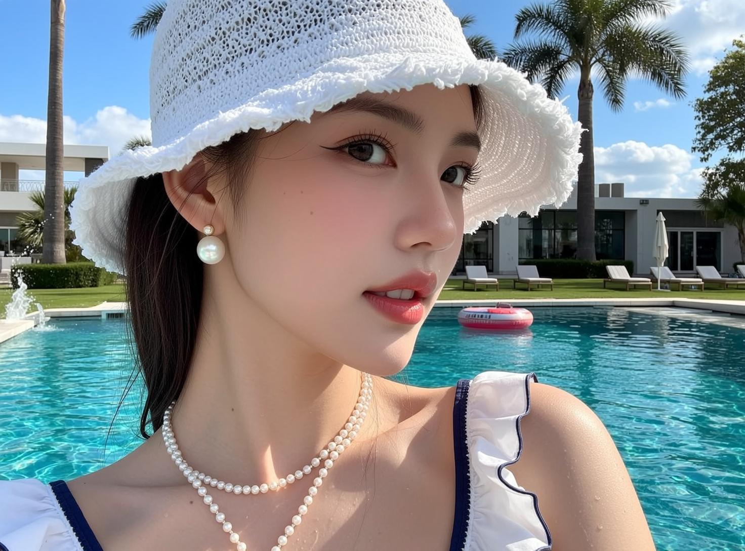 White Sun Hat Pearl Necklaces Profile reference photo