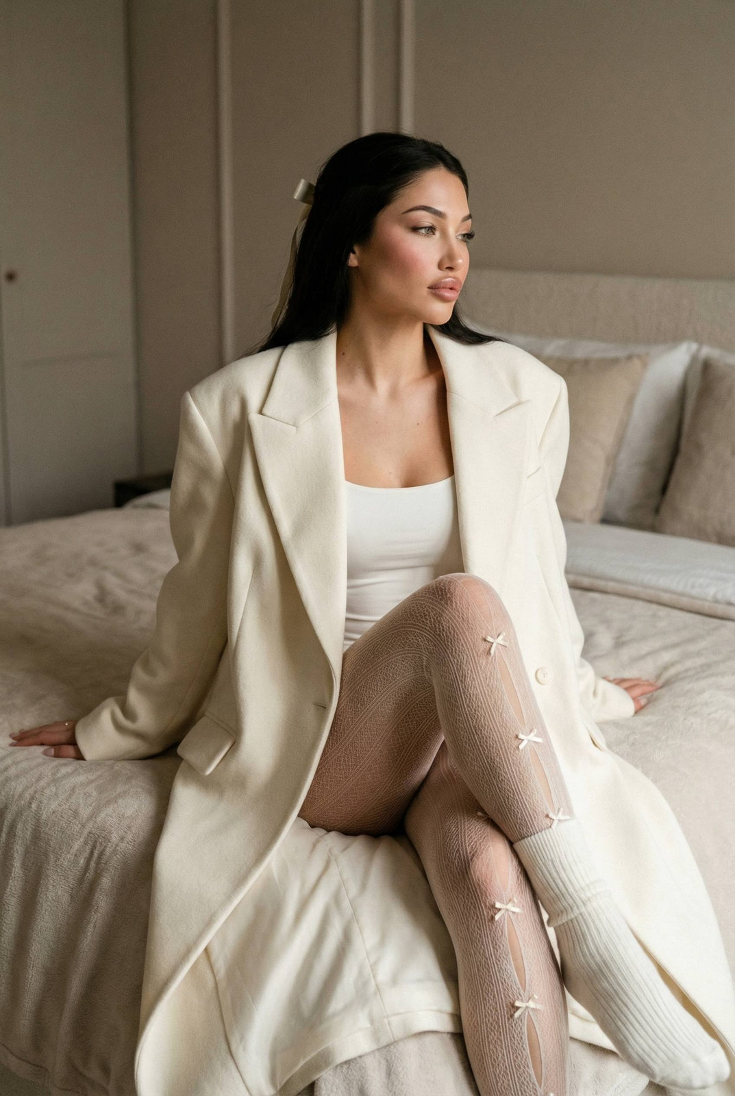 Realistic Woman Ivory Coat Bow Tights