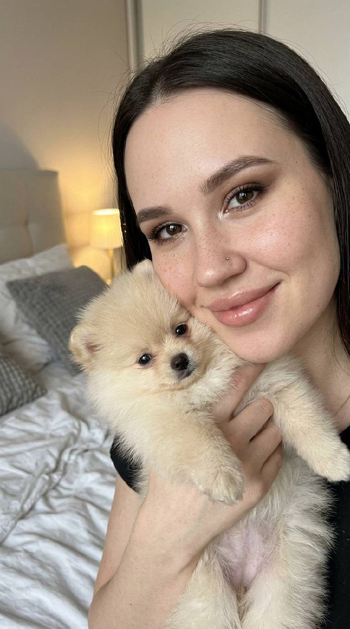Realistic Girl Selfie Cream Puppy Bedroom