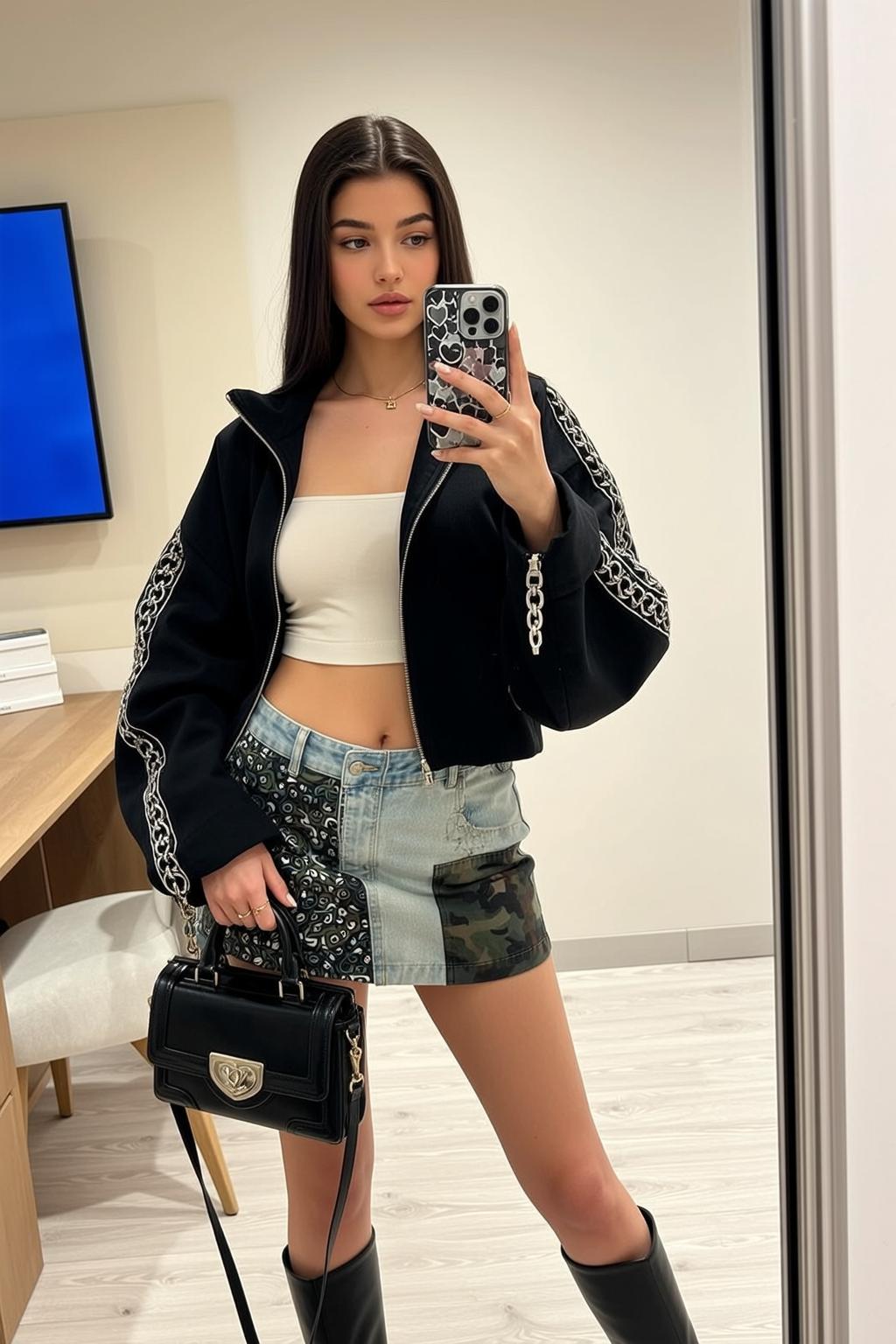 Denim Skirt Black Jacket Mirror reference photo