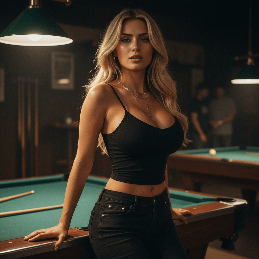 Leaning On Pool Table Dimly Lit Billiards Hall reference photo