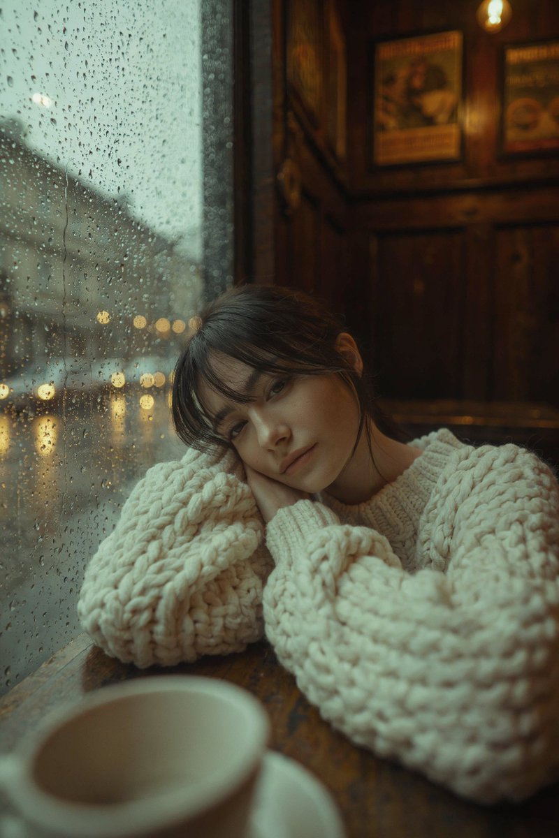 Cozy Cafe Portrait White Knit Sweater Rain Window Bokeh