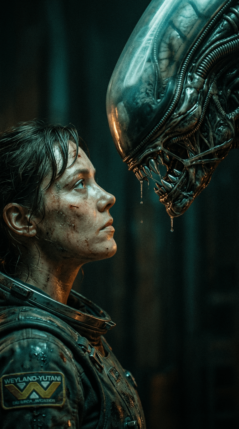 A photorealistic portrait of a woman in a dark green spacesuit, gazing fiercely at an alien figure, set in moody lighting.