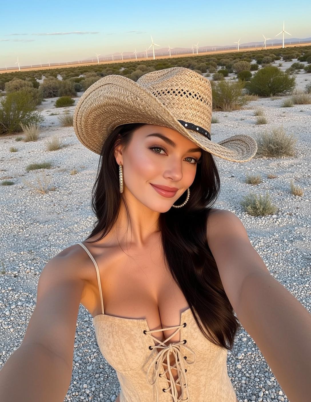 Cowgirl Taking Selfie Outdoor Desert Landscape Her reference photo