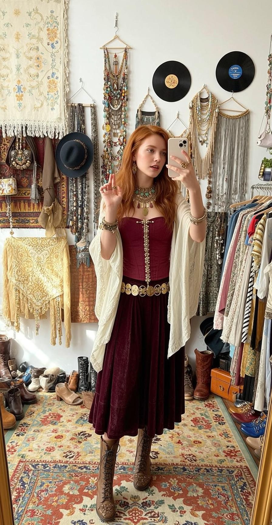 Bohemian Room Red Hair Velvet Corset Selfie reference photo