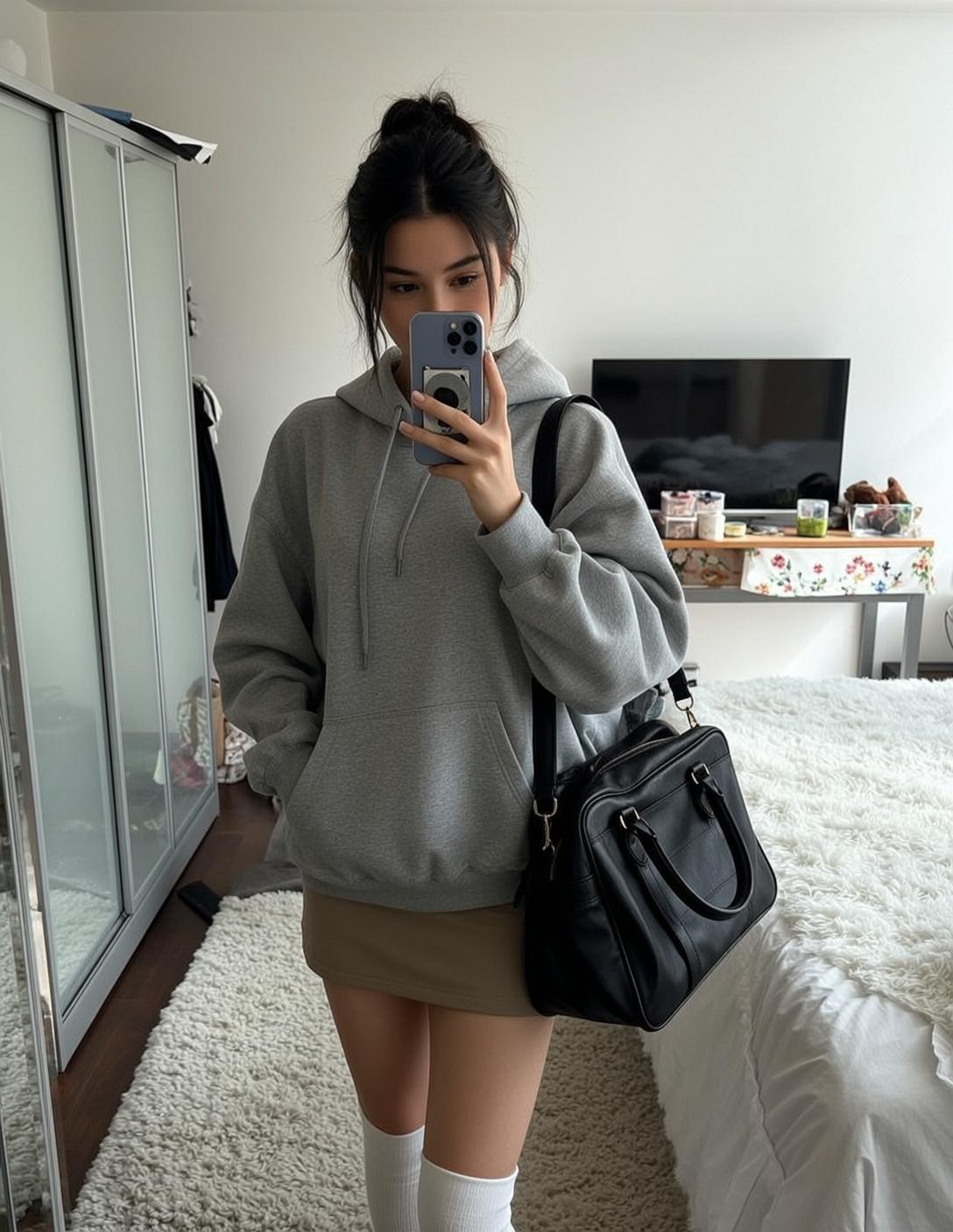 Oversized Hoodie Bedroom Mirror Selfie