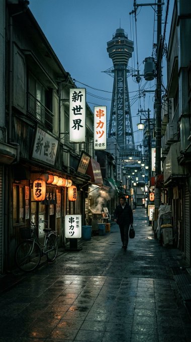 A rainy twilight scene in Osaka with Tsutenkaku Tower glowing softly in the background, featuring a lone figure in a dark jacket.