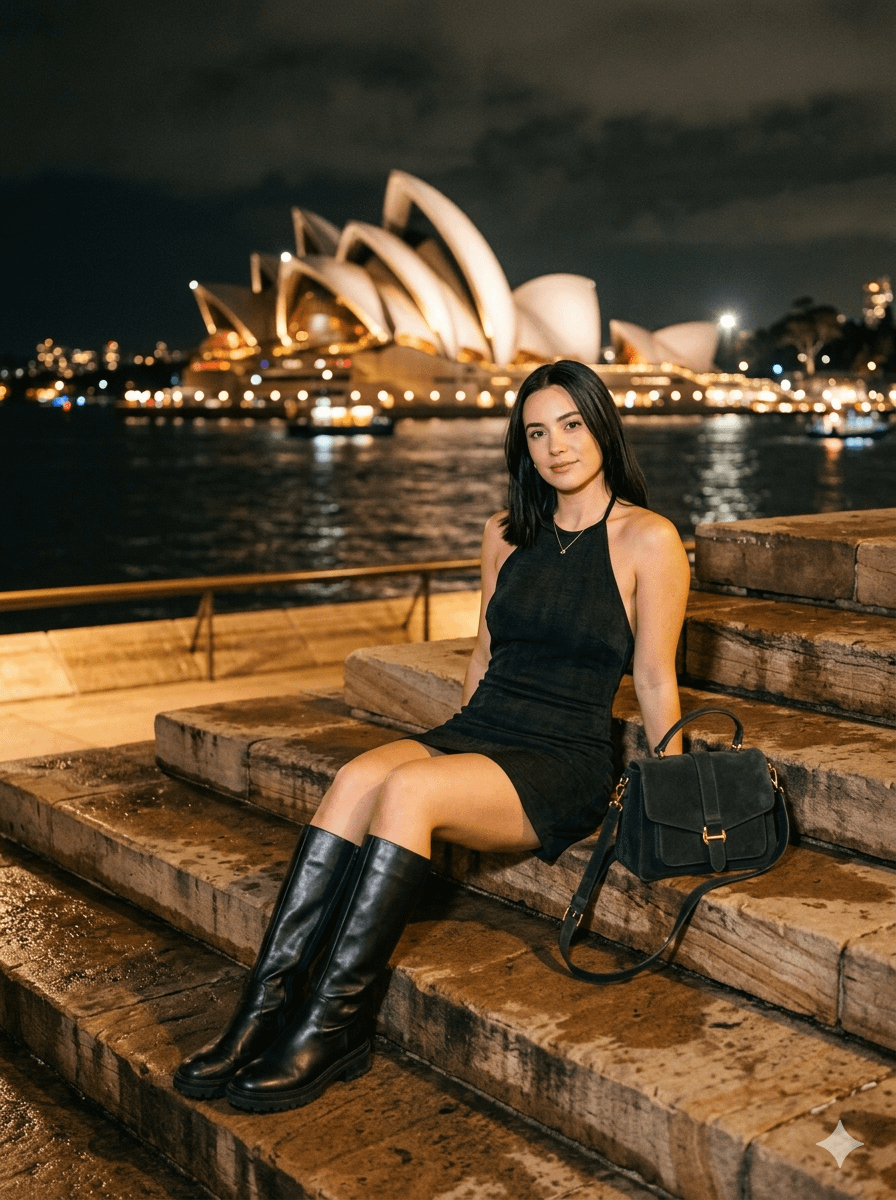 Sydney Opera House Night Portrait Dark Mini Dress Boots