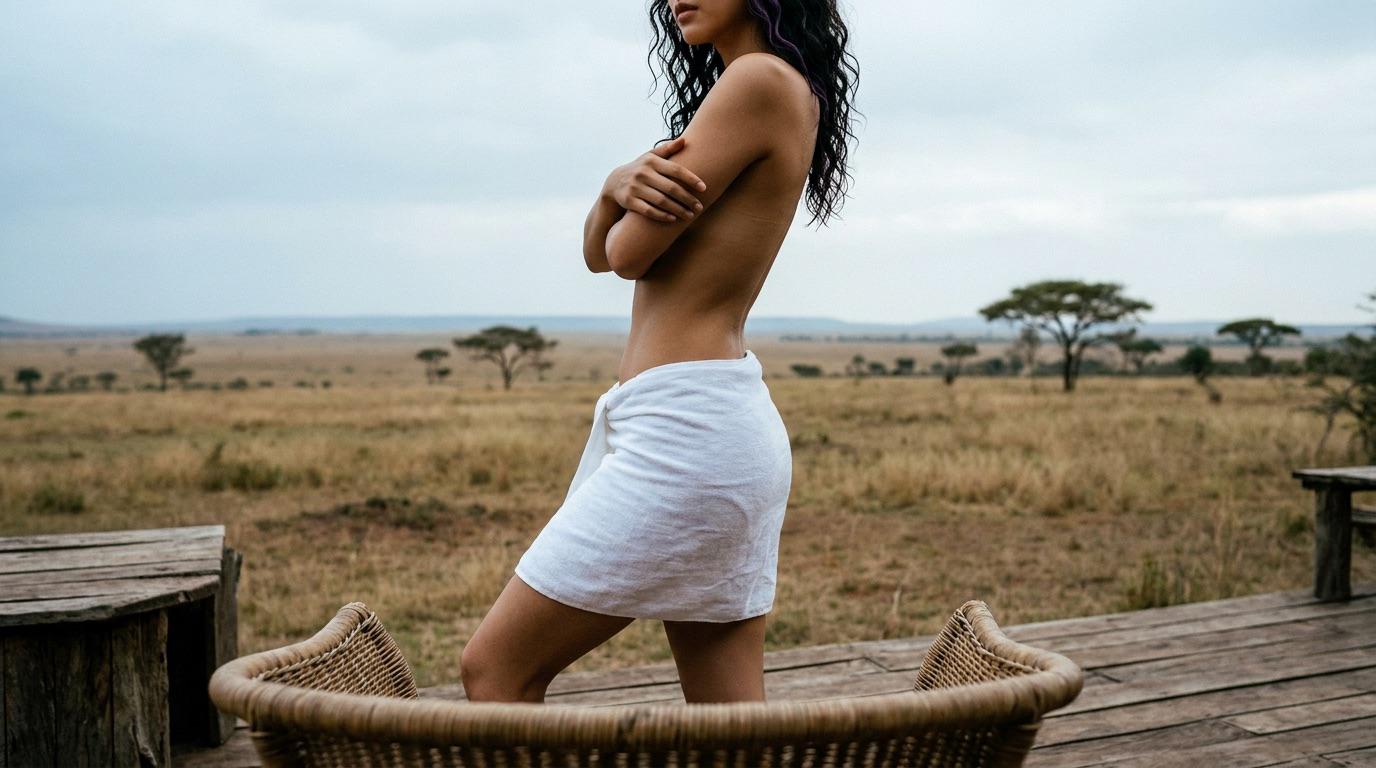 Short White Towel Wrapped Tight Around Hips On Weathered Rustic reference photo