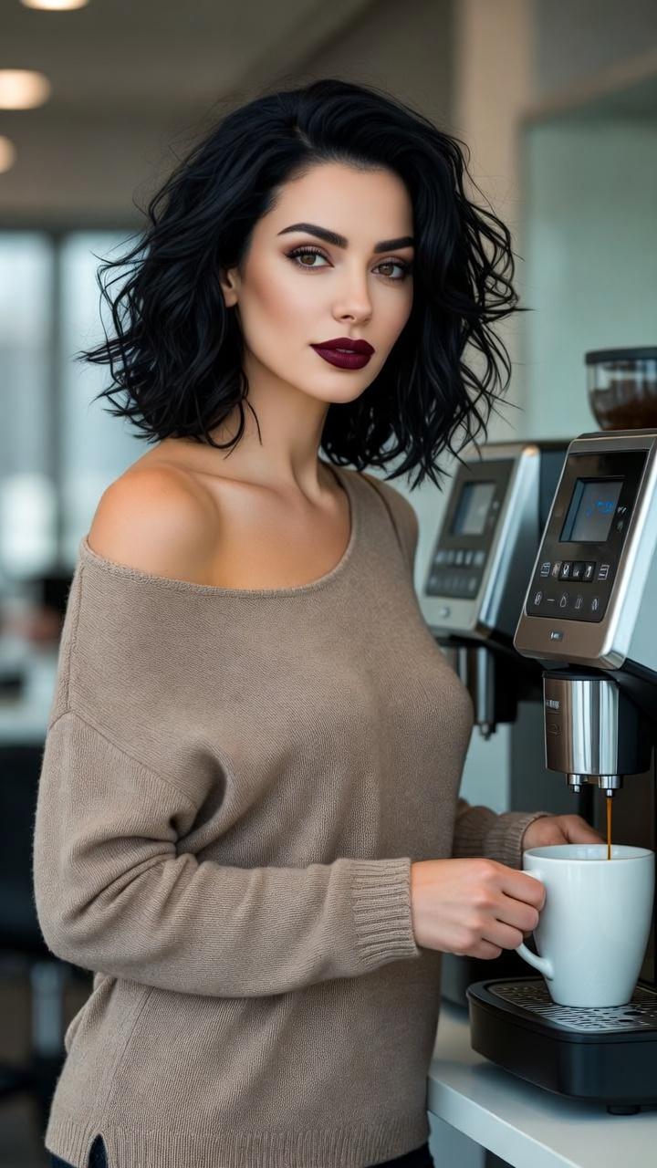 Taupe Sweater Woman Coffee Brewing Modern Office