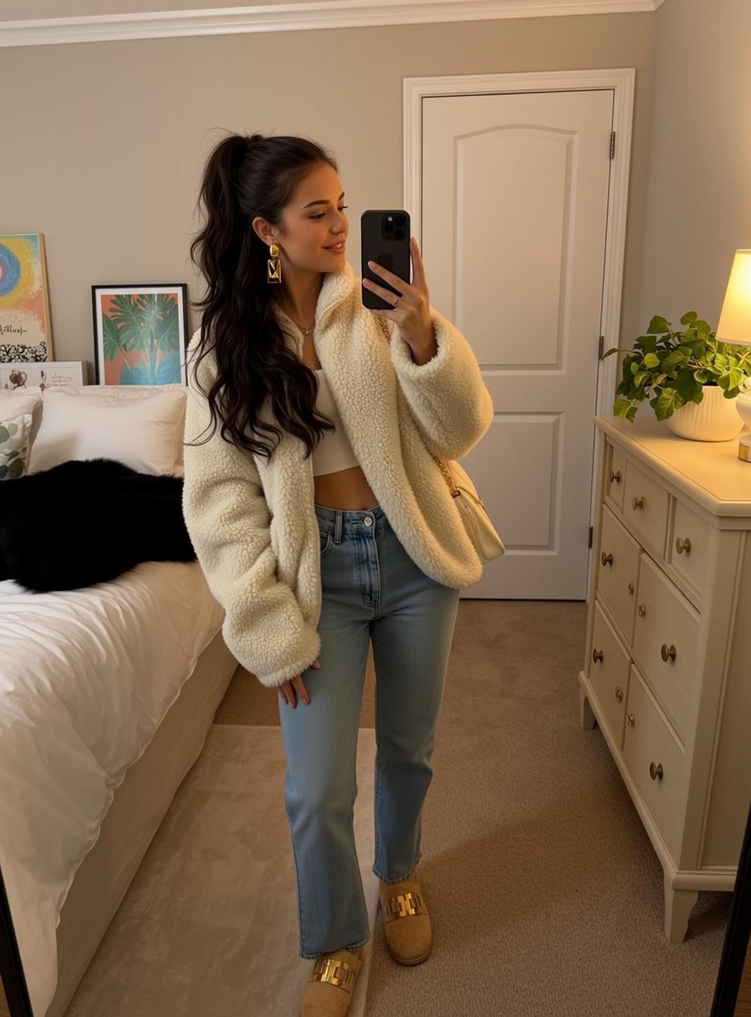 Bedroom Mirror Selfie Fuzzy Jacket reference photo