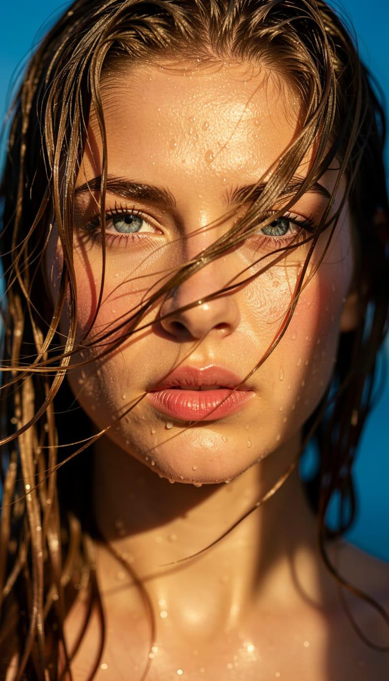 Wet Honey Hair Striking Eyes Warm Golden Light reference photo