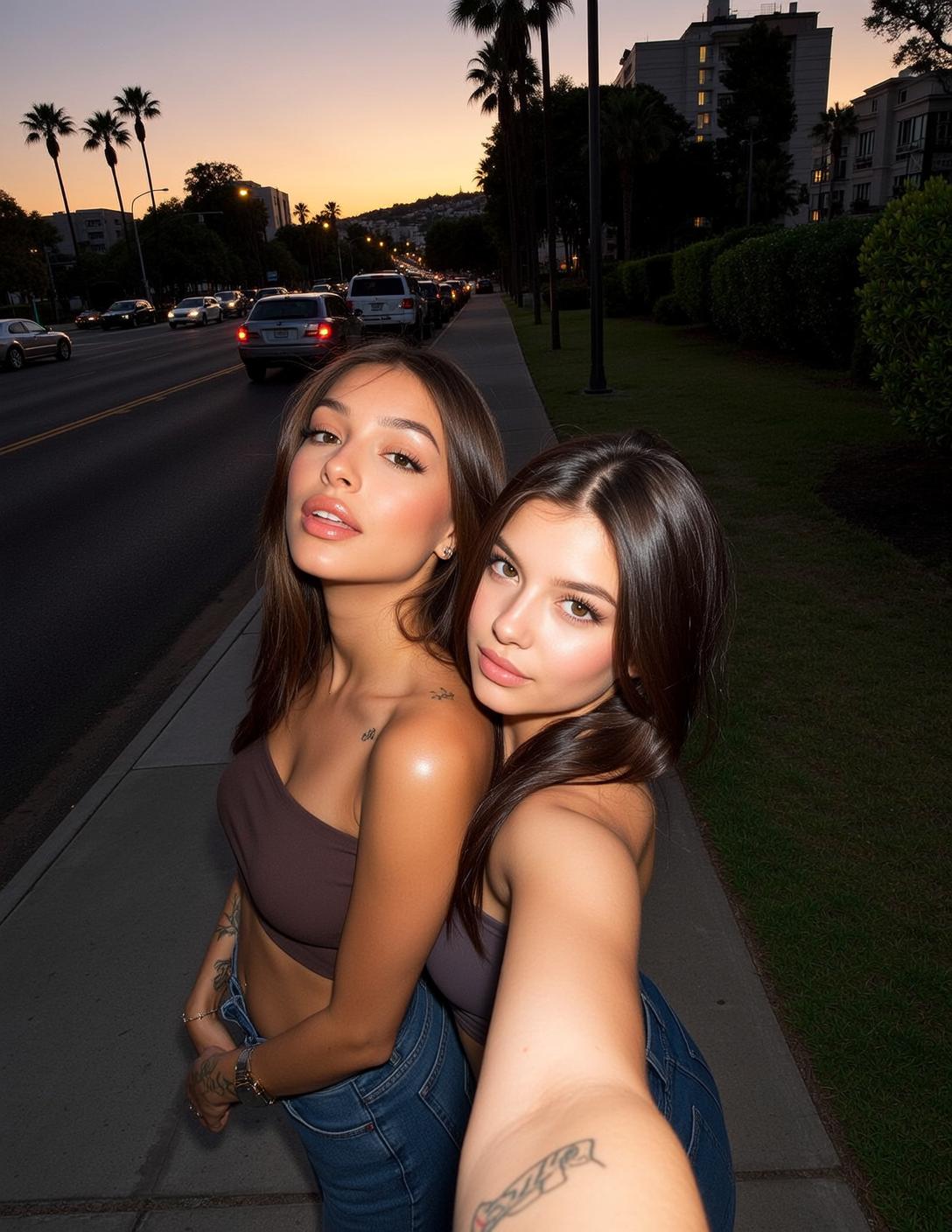 Explore Two Young Women Stand Side-by-side Sidewalk reference photo