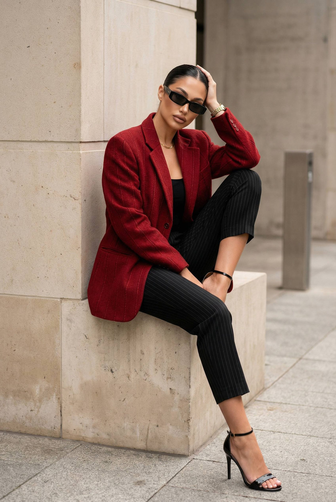 Red Blazer Woman Urban City Stone Wall Pose