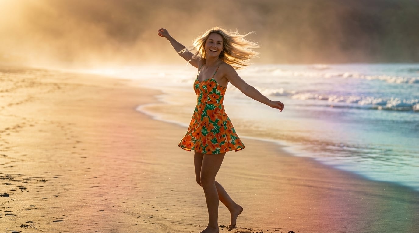 Dancing On Sandy Beach Golden Hour Cinematic reference photo