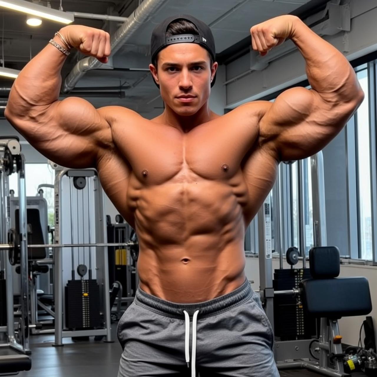 Muscular Black Baseball Cap Tan Grey Sweatpants reference photo