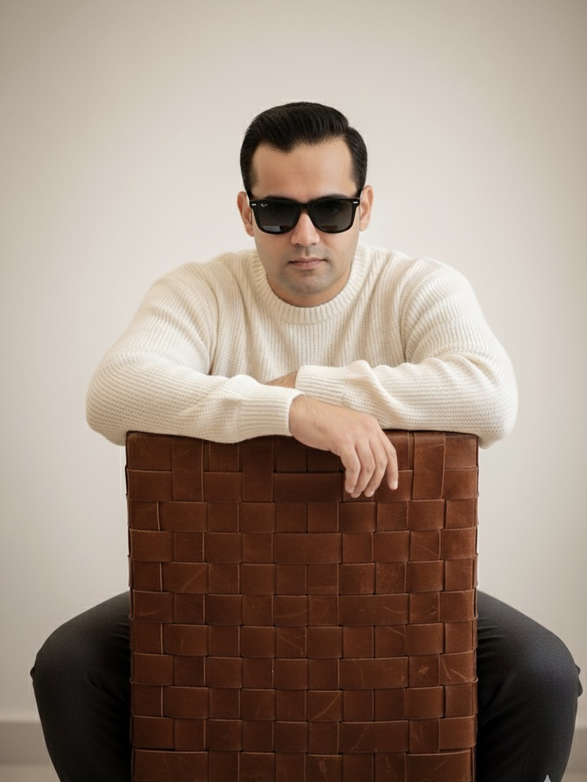 Ultra-realistic studio portrait of a man in an oversized jersey on a woven leather chair, showcasing intricate facial details and stylish vibes.