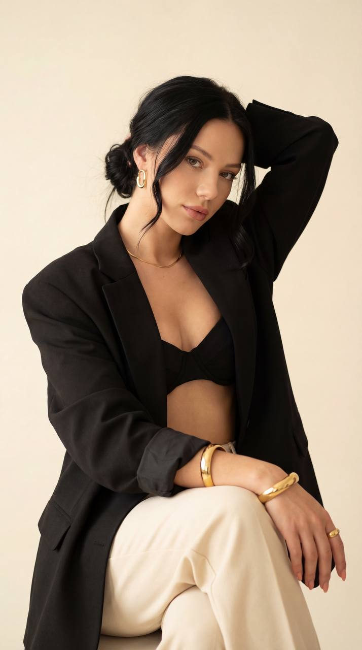 Studio Editorial Portrait Girl Seated Black Blazer