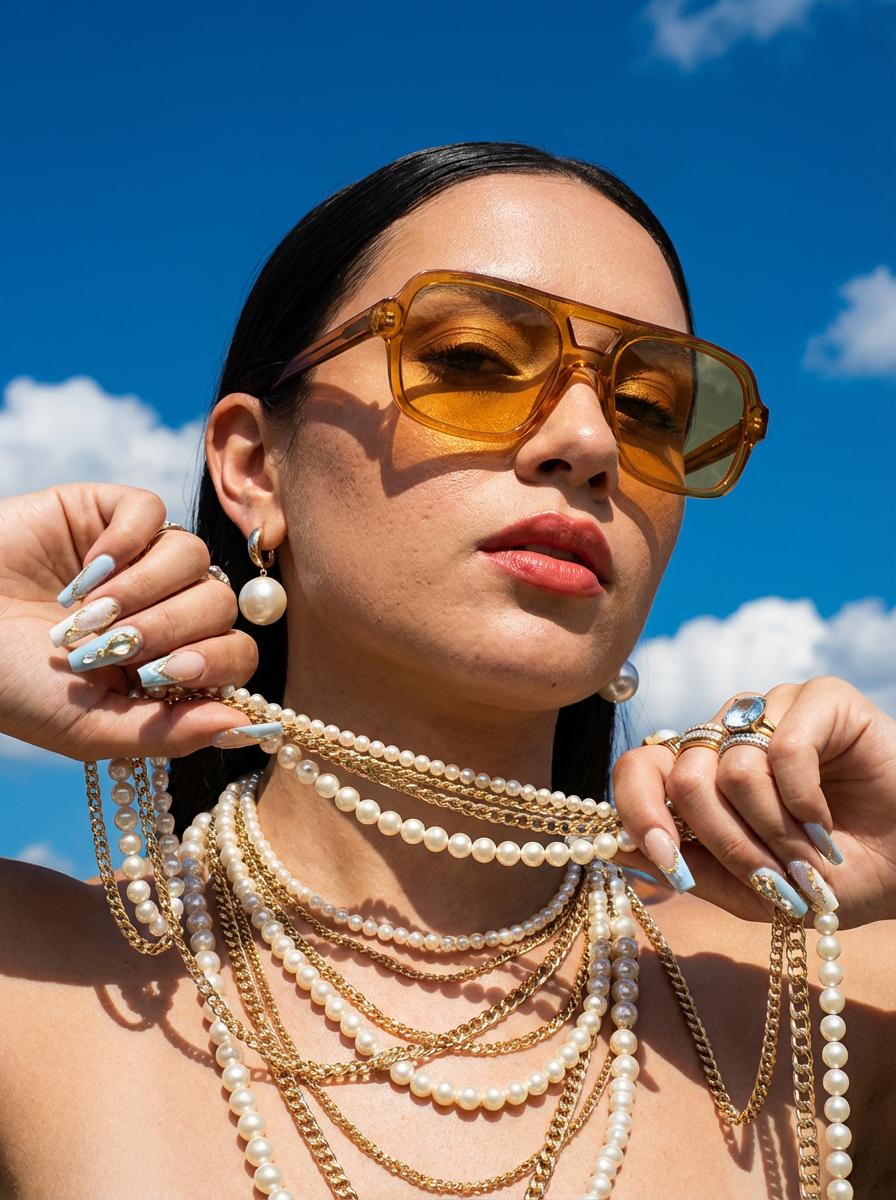 Amber Sunglasses Pearl Chains Blue Sky
