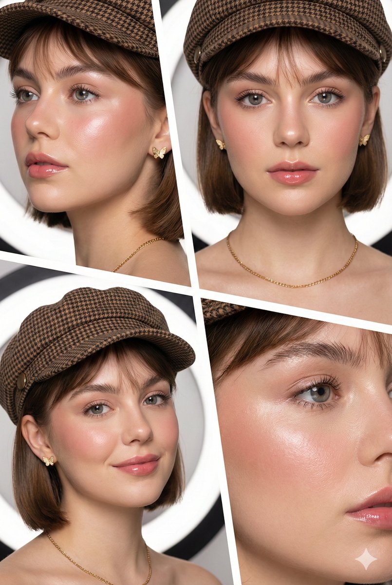 A flawless young woman with dewy skin wearing a houndstooth newsboy cap, soft grey hazel contacts, and glossy pink lips.