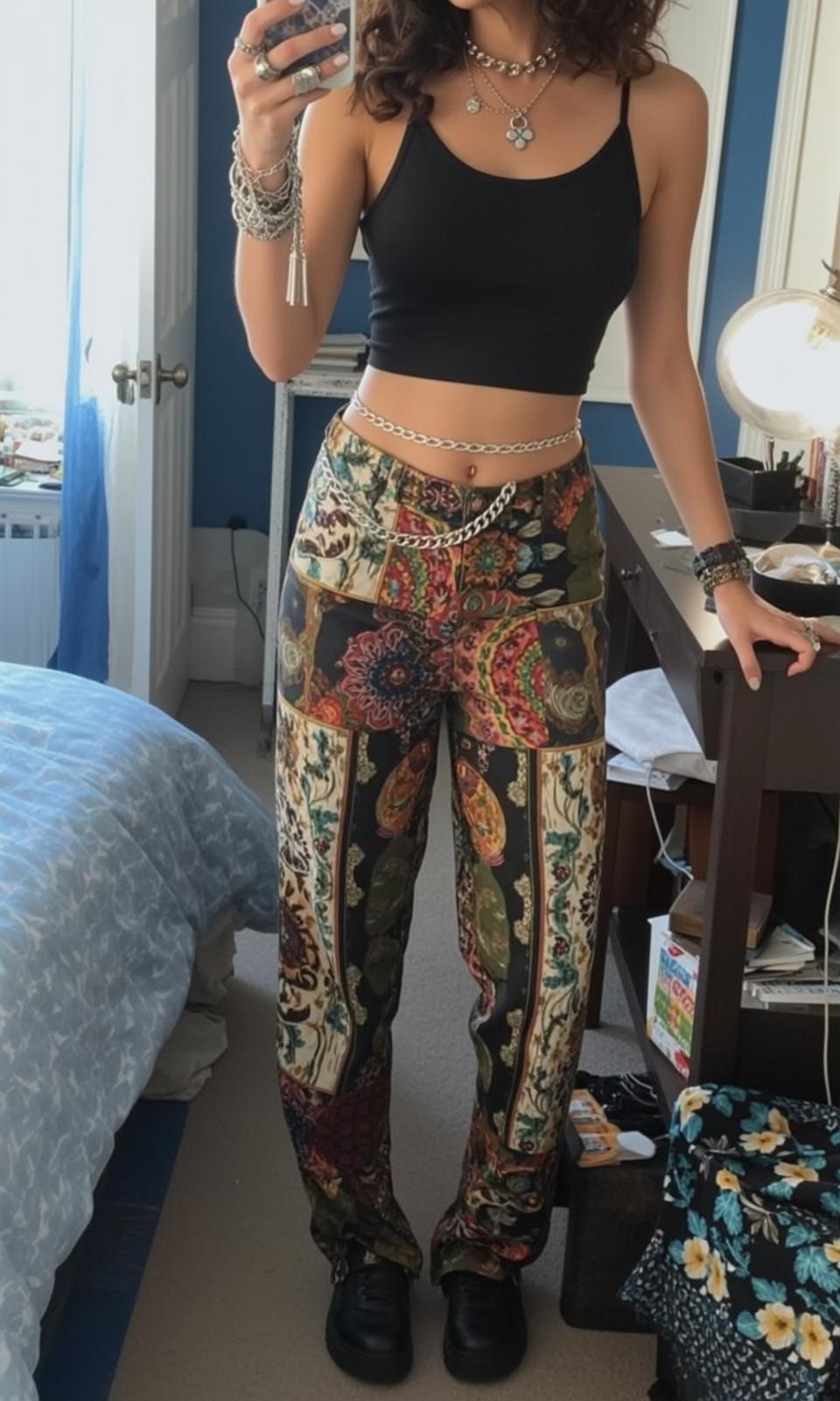 Curly Dark Hair Woman Paisley Pants Bedroom reference photo