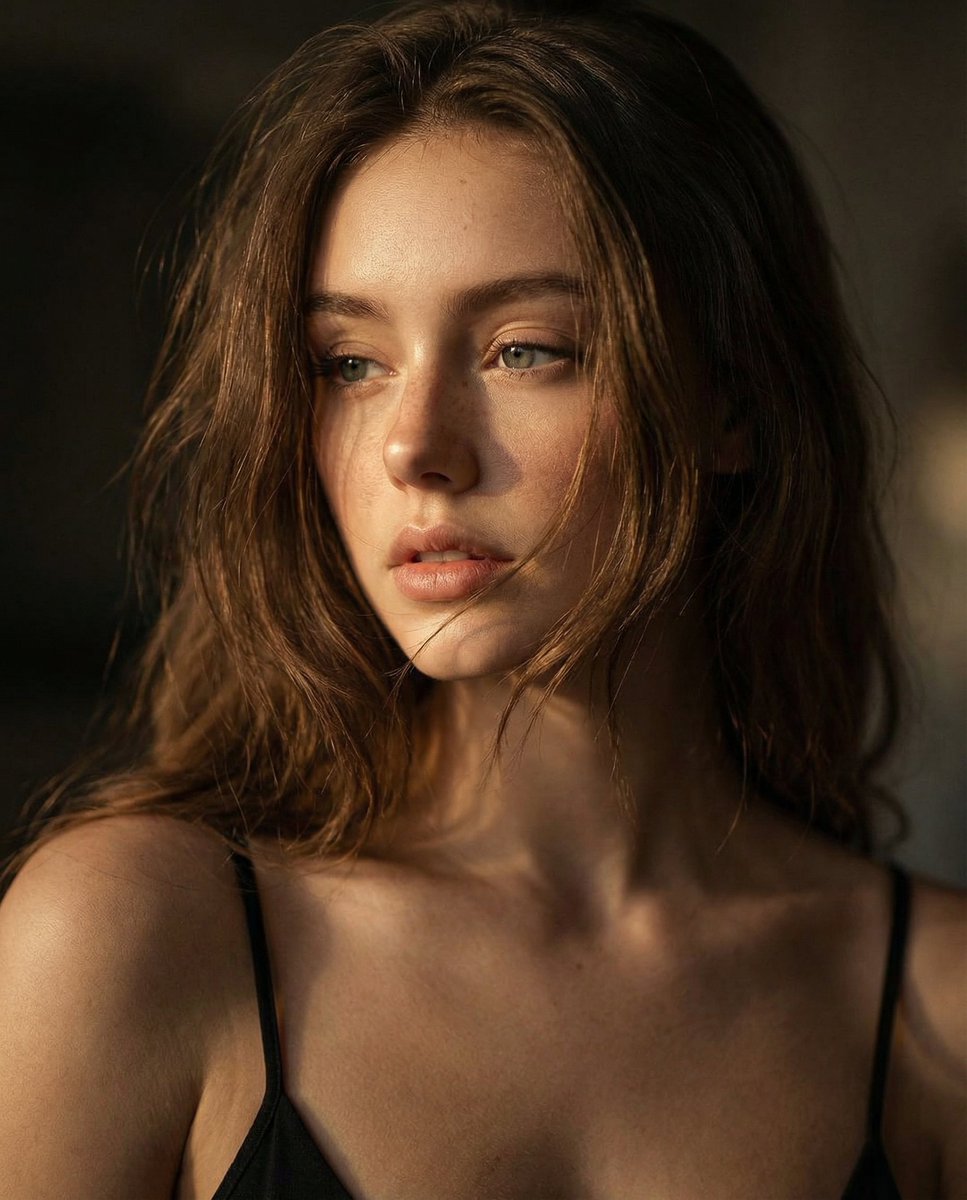 Cinematic Portrait Black Top Soft Freckles