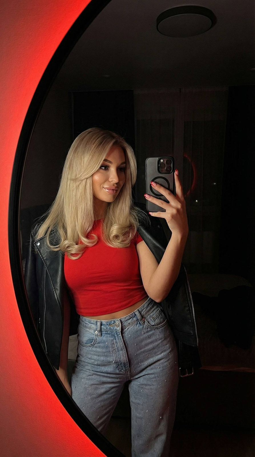 Realistic Woman Mirror Selfie Red Light