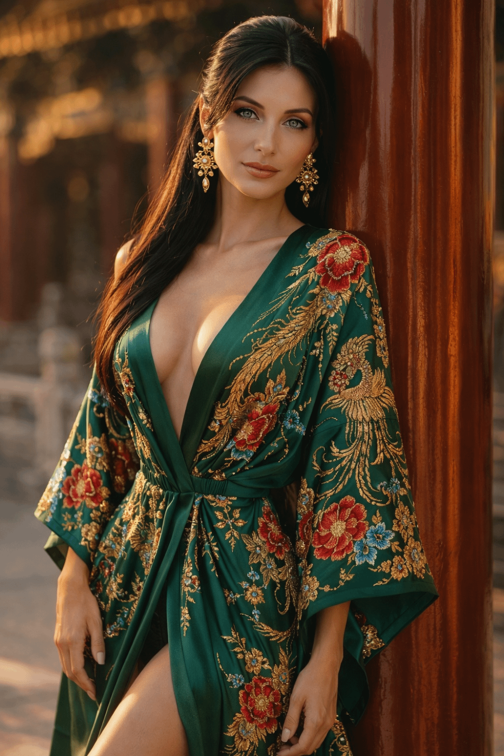 Emerald Silk Robe Lacquered Pillar Golden Light