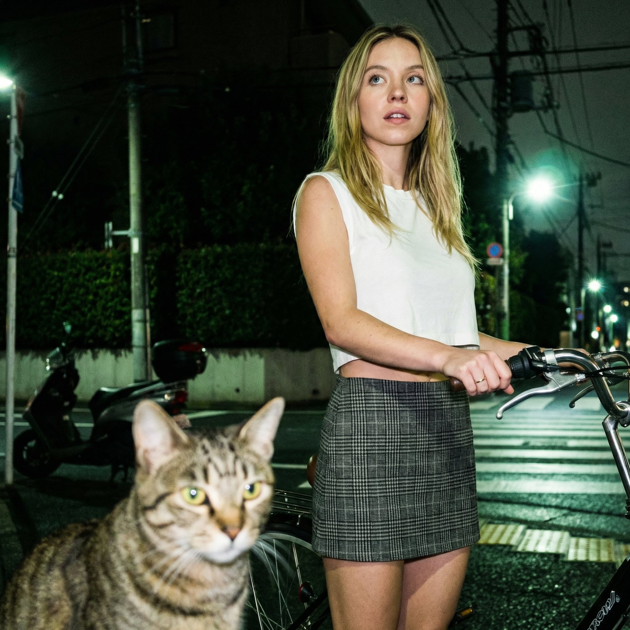 Woman Bicycle City Street Night Cat