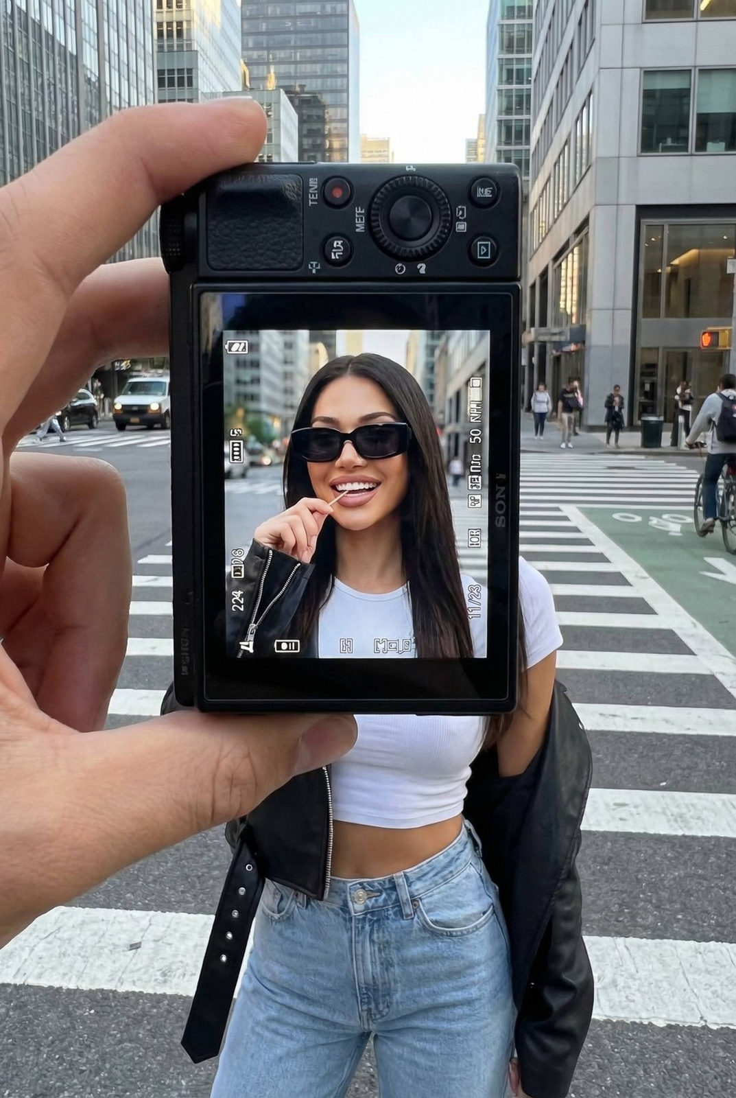 Smiling In Crosswalk Through Camera Screen