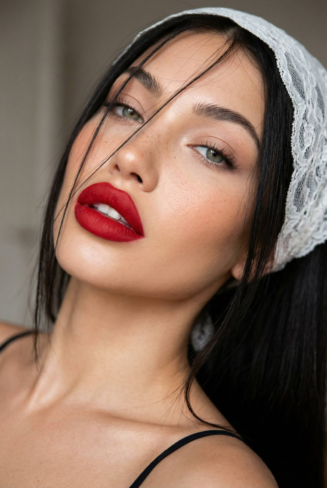 Lace Headband Red Lips Beauty Selfie Editorial