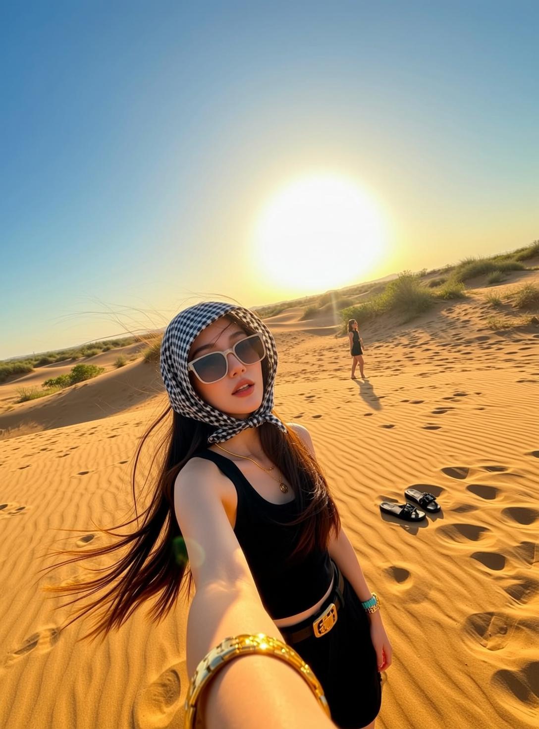 Explore Taking Selfie Desert Landscape Holding Her reference photo