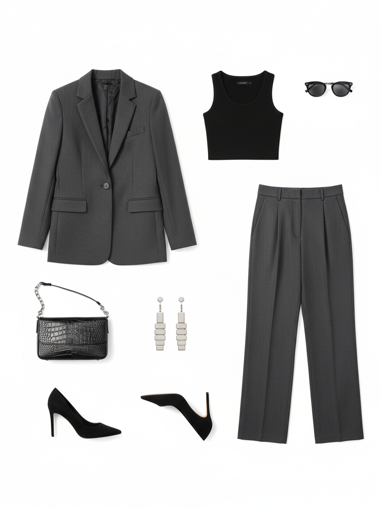 Charcoal Blazer Black Crop Top Outfit Flat Lay