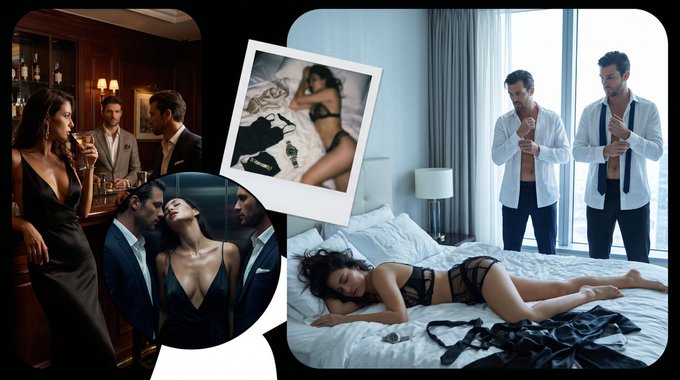 A woman in a black lace lingerie on a white bed surrounded by accessories and a black robe.