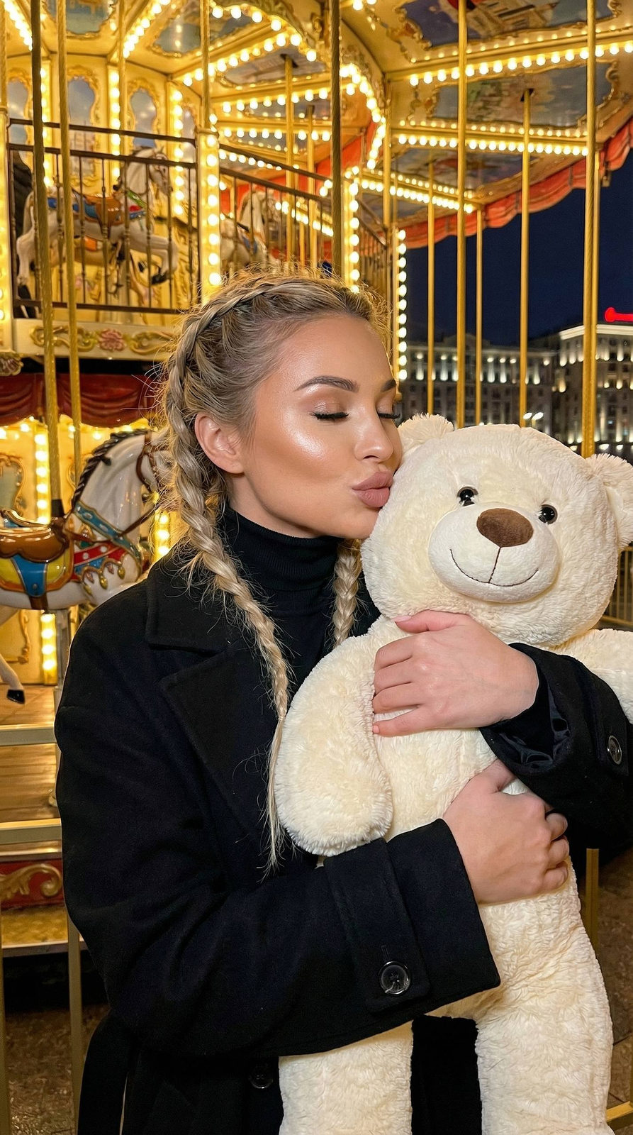 Girl Carousel Night Portrait Plush Bear