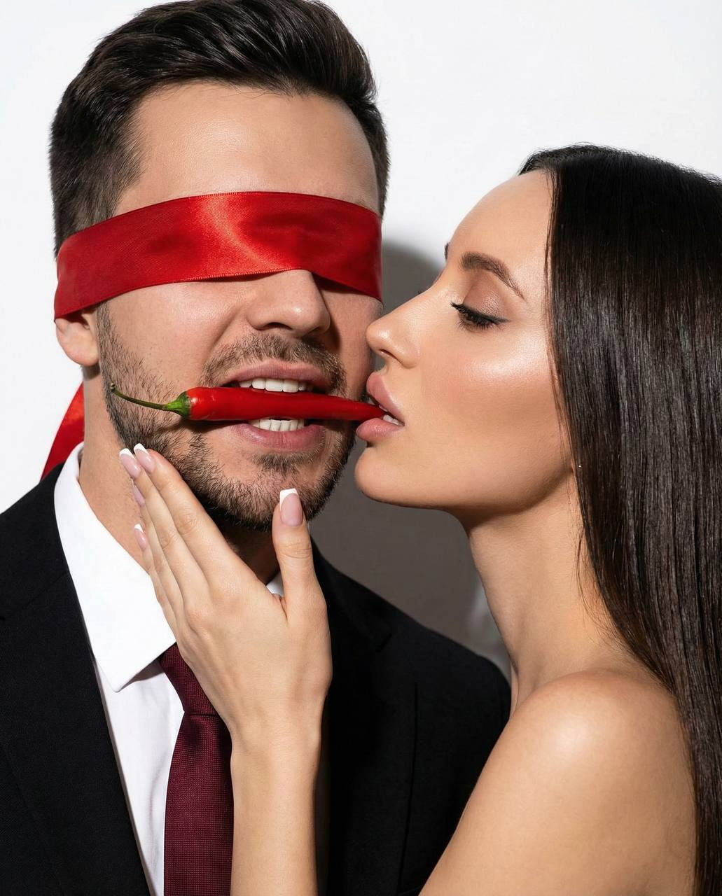 Sensual Blindfolded Man Chili Kiss
