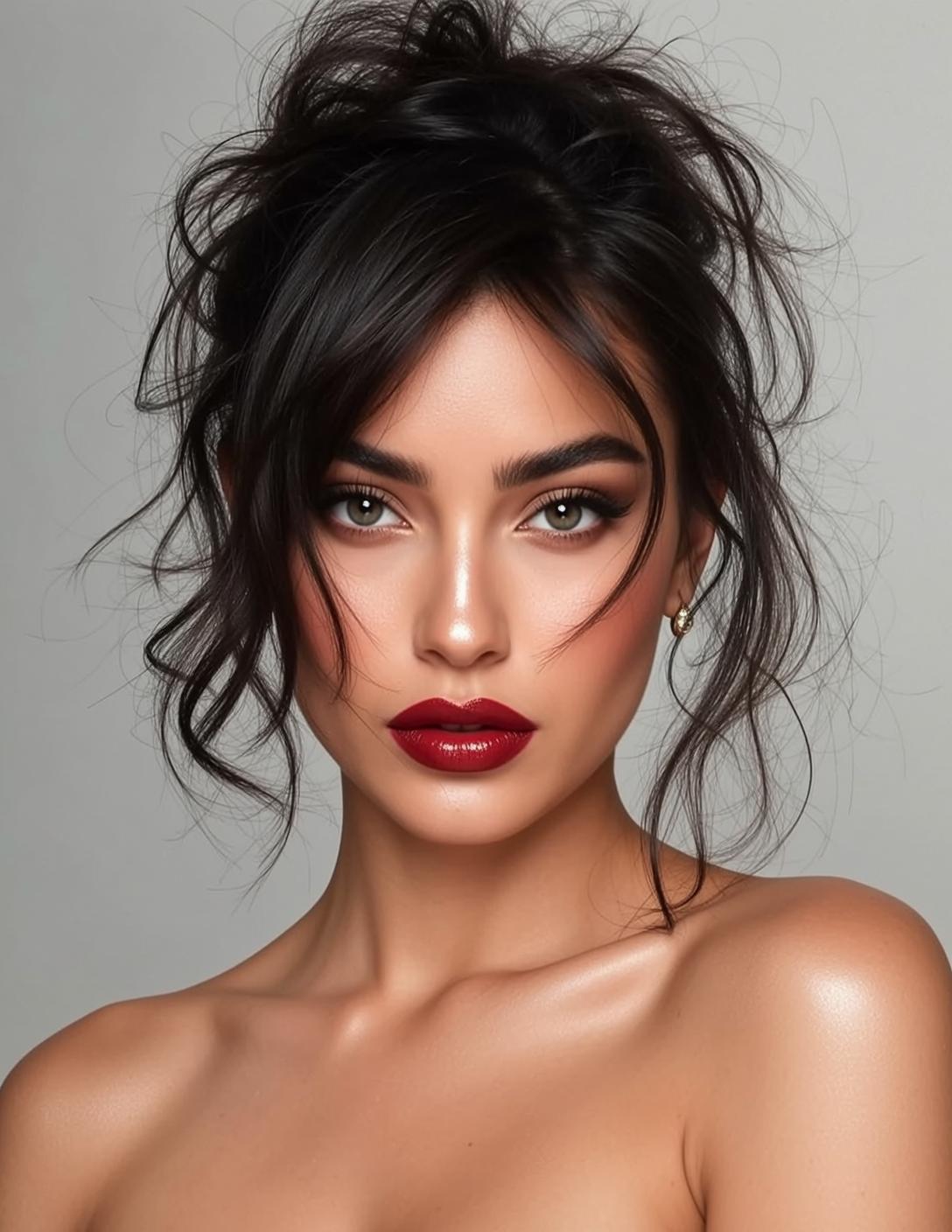 Glamorous Studio Portrait Dark Hair Gold Earrings reference photo