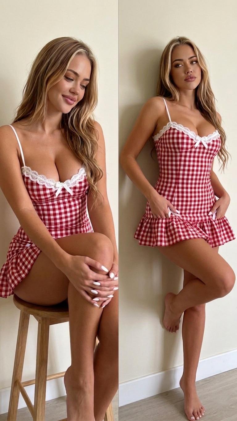 Gingham Dress Diptych Woman Poses Beige Wall
