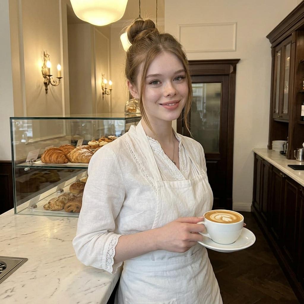 Smiling Woman With Latte Art And Lace Trim Shirt reference photo