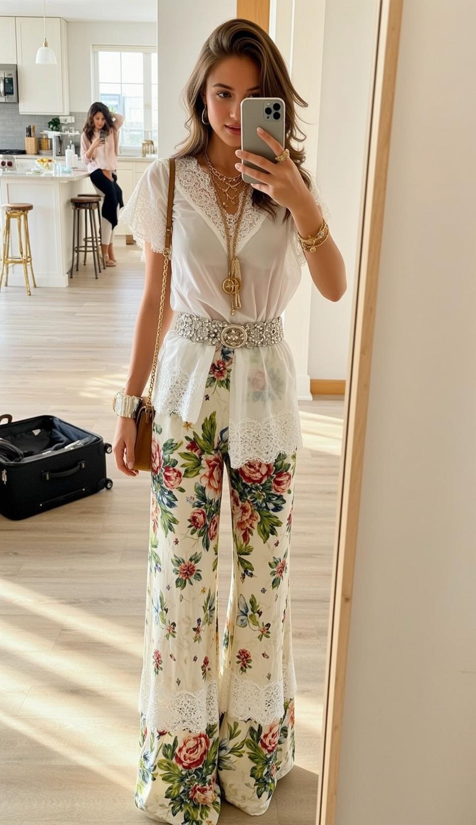 Cowgirl Stands Facing Holding Smartphone Her Right reference photo
