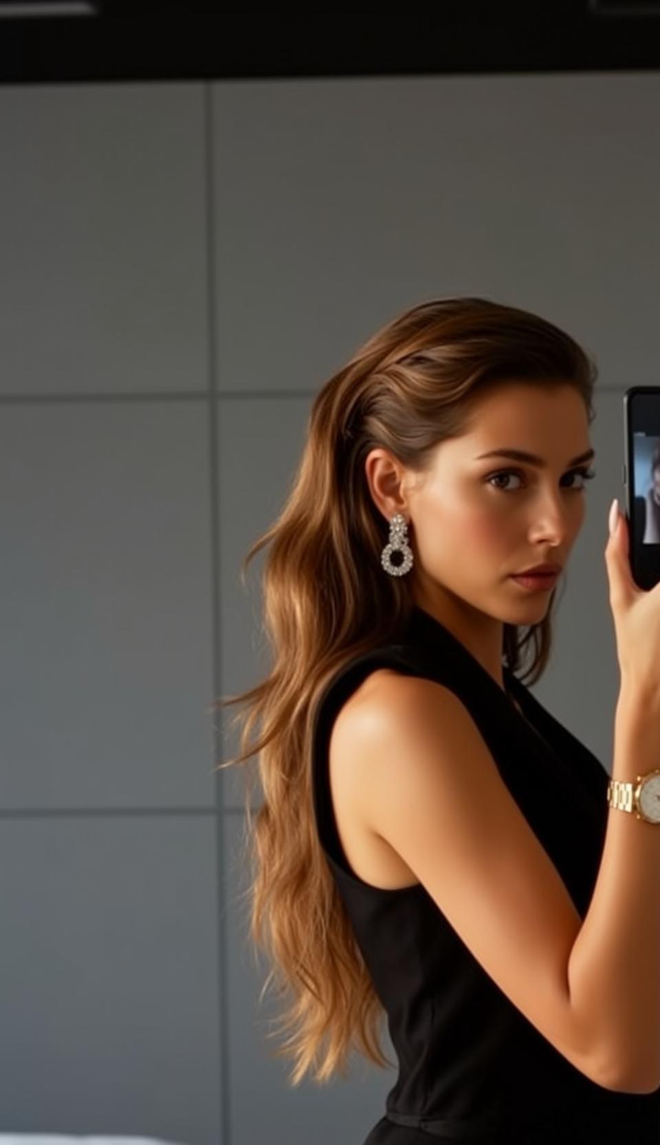 Makeup Captured Medium Holding Smartphone Her Right reference photo