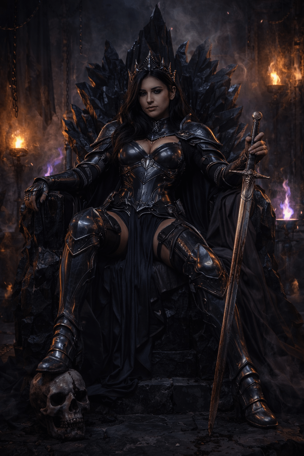 Regal Armored Figure Obsidian Throne Skull Prop