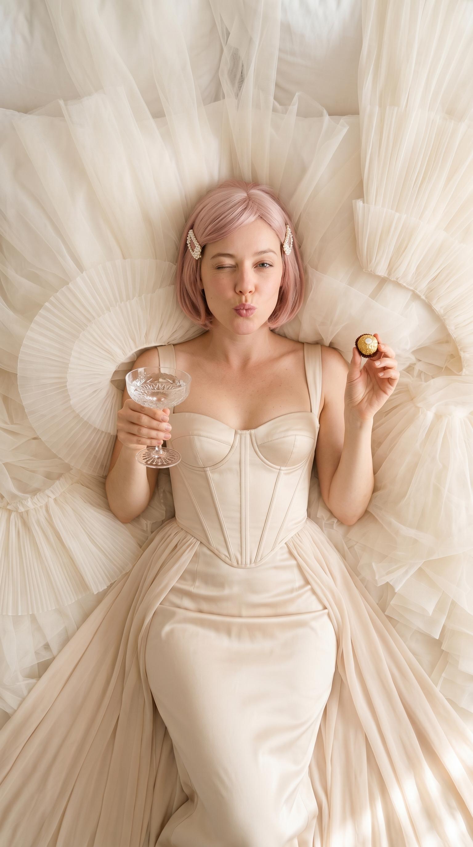 Parisian Couture Woman Lying On Bed Soft Tulle