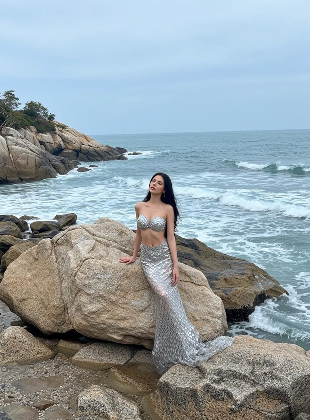Silver Sequined Bikini Rocky Coastline Rocks Pebbles Ocean reference photo