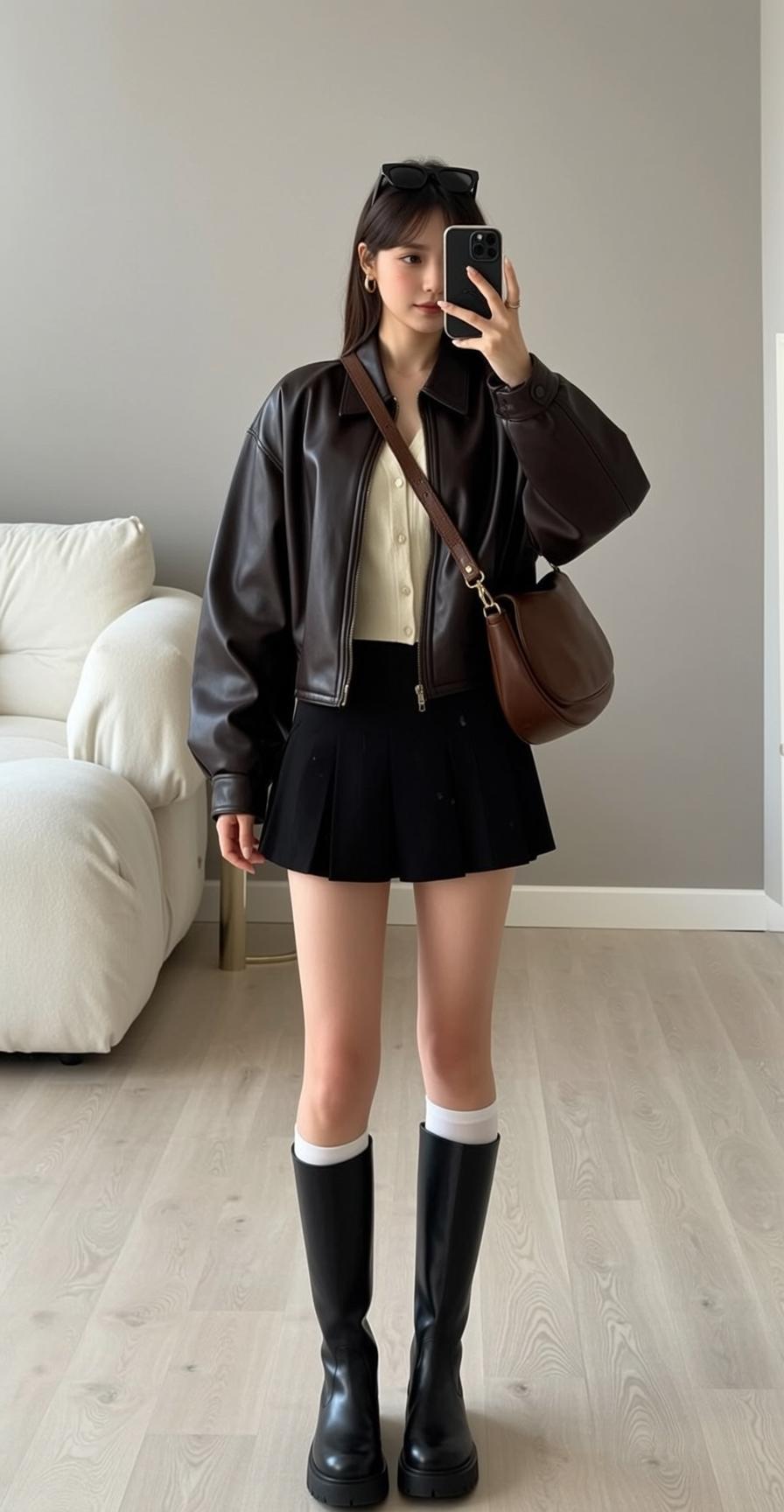 Black Cardigan Straight Hair Mirror Selfie Standing reference photo