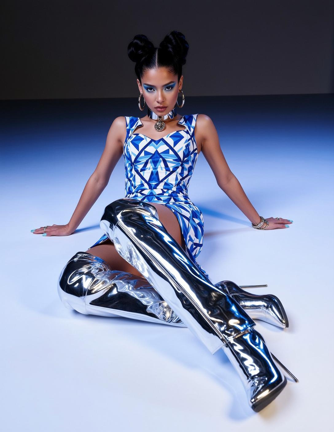 Geometric Dress Silver Boots Studio reference photo